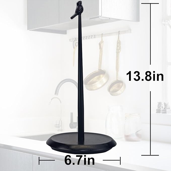 Black Paper Towel Holder Stand for Countertop with Solid Wood Base and Wrought Iron Bird, Rustic Farmhouse Vintage Cottage Core Kitchen Decor, Stable Towel Dispenser with Non-Slip Pad