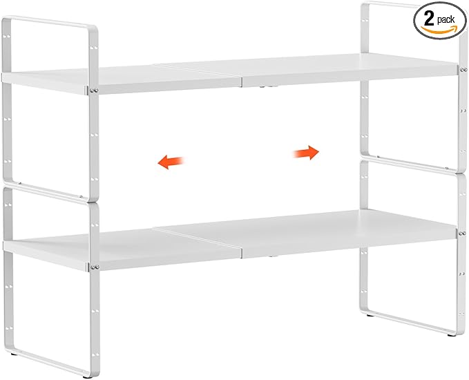 jkxoo 2Pack 16.5-27’’L Expandable Cabinet Shelf Organizers, Stackable Metal Shelves Extender for Kitchen Countertop Storage, Adjustable Spices Shelves Rack Stand for Cupboard Pantry, White