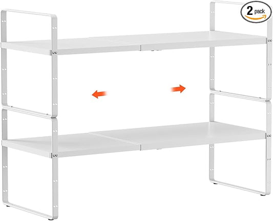 jkxoo 2Pack 16.5-27’’L Expandable Cabinet Shelf Organizers, Stackable Metal Shelves Extender for Kitchen Countertop Storage, Adjustable Spices Shelves Rack Stand for Cupboard Pantry, White