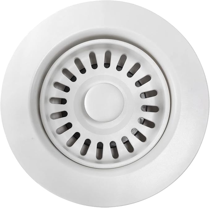 White Polymer Drain Kitchen Sink Drain Assembly with Removable Basket Strainer and Rubber Stopper for 3.5-Inch Drain Openings, Matching Color of Quartz, Granite Sinks