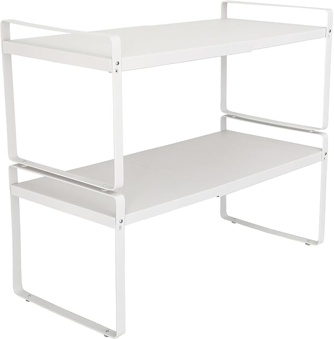 BAUCCA Set of 2 Expandable Cabinet Shelf Organizer, White Kitchen Countertop Shelves, Stackable Metal Pantry Storage Organizer for Cupboard, Spice Rack