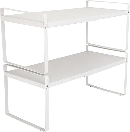 BAUCCA Set of 2 Expandable Cabinet Shelf Organizer, White Kitchen Countertop Shelves, Stackable Metal Pantry Storage Organizer for Cupboard, Spice Rack