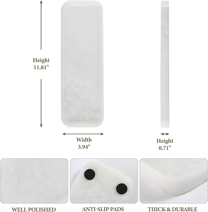 Koville Marble Tray, 12"x4" Marble Vanity Tray for Bathroom Kitchen Countertop Sink, Natural Stone Tray for Home Decor, Decorative Rectangular Narrow Catchall Tray for Jewelry(Namibia Bianco)