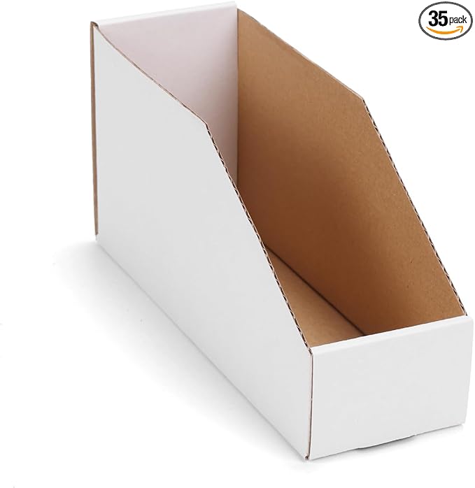 EXYGLO Cardboard Storage Bins 35 Pack, 9.4x3x4.5 Inch Cardboard Boxes, Corrugated Organizer Bins for Pantry, Shelves, Garage, Office, Shop, White