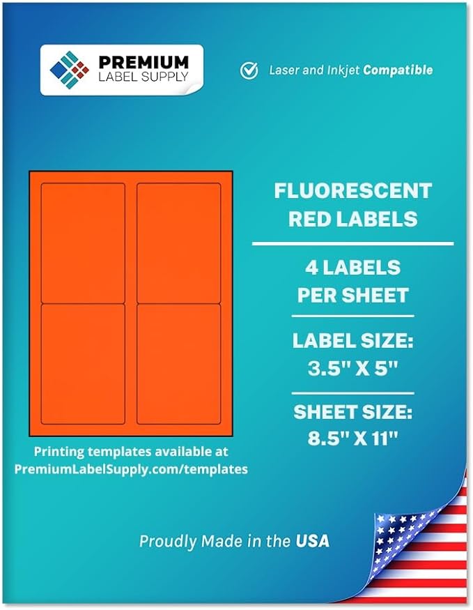 Premium Label Supply Bright Neon Color Fluorescent Sticker Labels - 3.5" x 5" Labels - (Fluorescent Red, 2000 Labels)