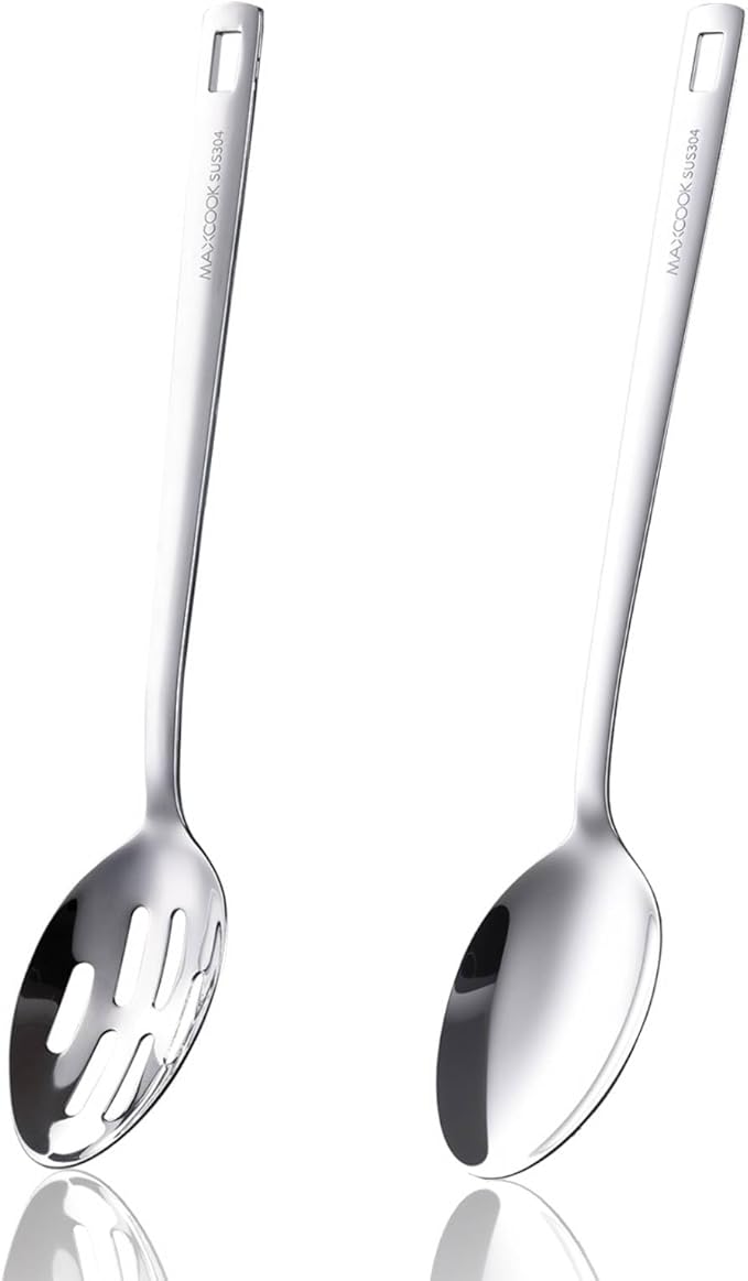 MAXCOOK 18/8 Stainless Steel Cooking Spoons Set - 2-Piece Solid Slotted Serving Spoon Cooking Utensils set for Pasta, Veggies, Salads (Dishwasher-Safe)