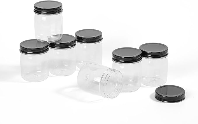 Plastic Mason Jars Reusable Storage Containers with Silver Airtight Lid 8 Ounce Clear Jars for Dry Foods, Coffee,BPA Free (32 Pack-Black)