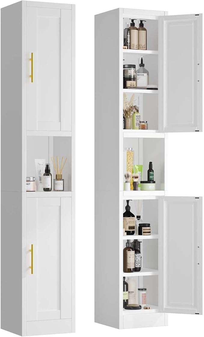 pozdeg 67" Tall Narrow Storage Cabinet Metal Bathroom Cabinet with 2 Doors & 4 Adjustable Shelves, Standing Pantry Cabinets Cupboard for Kitchen, Dining Room, Living Room and Bathroom (White)