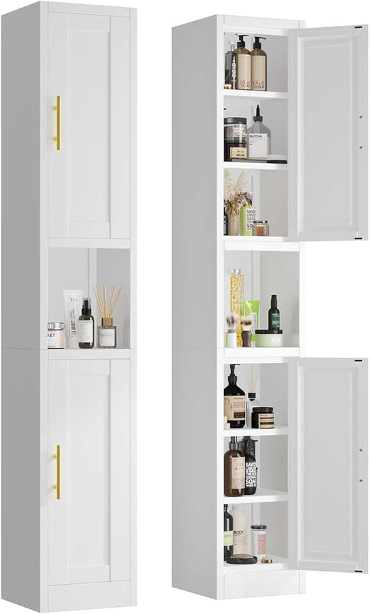 pozdeg 67" Tall Narrow Storage Cabinet Metal Bathroom Cabinet with 2 Doors & 4 Adjustable Shelves, Standing Pantry Cabinets Cupboard for Kitchen, Dining Room, Living Room and Bathroom (White)