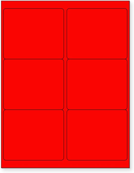 8-1/2 x 11 Neon Color High Light Fluorescent Labels for Laser & Inkjet Printer (Red Fluorescent, 4" x 3-1/3" - 6 Per Page | 600 Labels)
