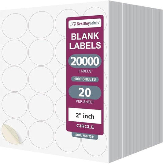 NextDayLabels 2 Inch Round Circle Stickers White Blank Labels for Laser Inkjet Printer - 20 Per Sheet Self-Adhesive Jar Candle Product Packaging Made in USA - 20,000 Labels