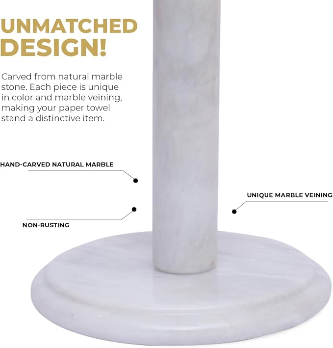 Marble Kitchen Paper Towel Rack Holder Handmade Paper Roll Holder with Stand Non-Slip - Wrapping Paper Holder for Kitchen Countertop, Cabinet & Bathrooms - Hand Towel Rack Standup Holder (White)