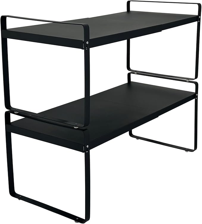 BAUCCA Set of 2 Expandable Cabinet Shelf Organizer, Black Kitchen Countertop Shelves, Stackable Metal Pantry Storage Organizer for Cupboard, Spice Rack