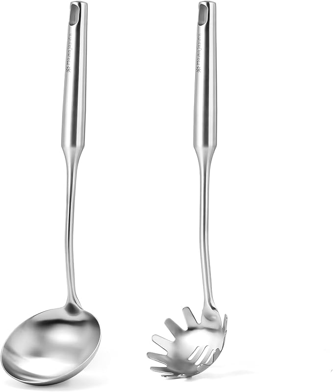 Stainless Steel Soup Ladle and Spaghetti Spoon Set - Large Ladle Spoon, Pasta Strainer, Durable Kitchen Cooking Utensils for Stirring, Serving Pasta, Soup & Sauce，Christmas Gifts