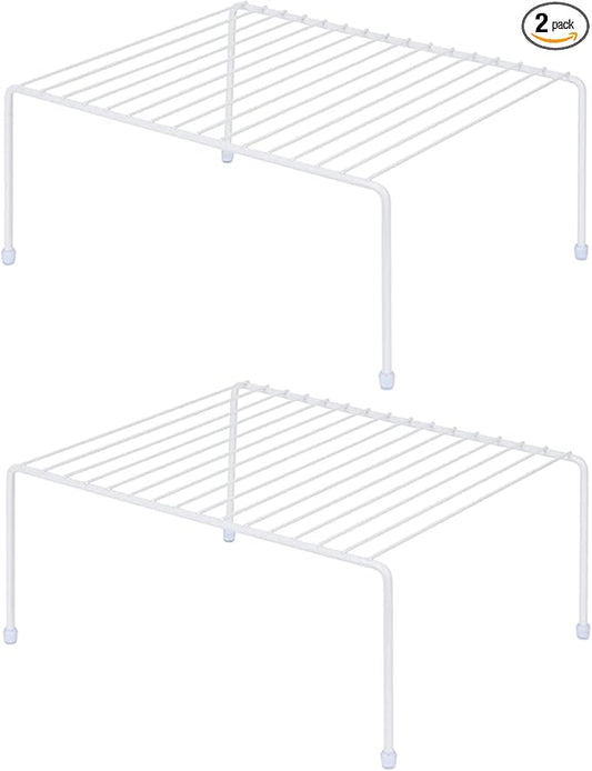 Set of 2 - Kitchen Storage Shelf Rack (13.1 x 10.2 Inch)/Plastic Feet - Medium - Steel Metal - Rust Resistant Finish - Cups, Dishes, Cabinet & Pantry Organization - Kitchen (White)