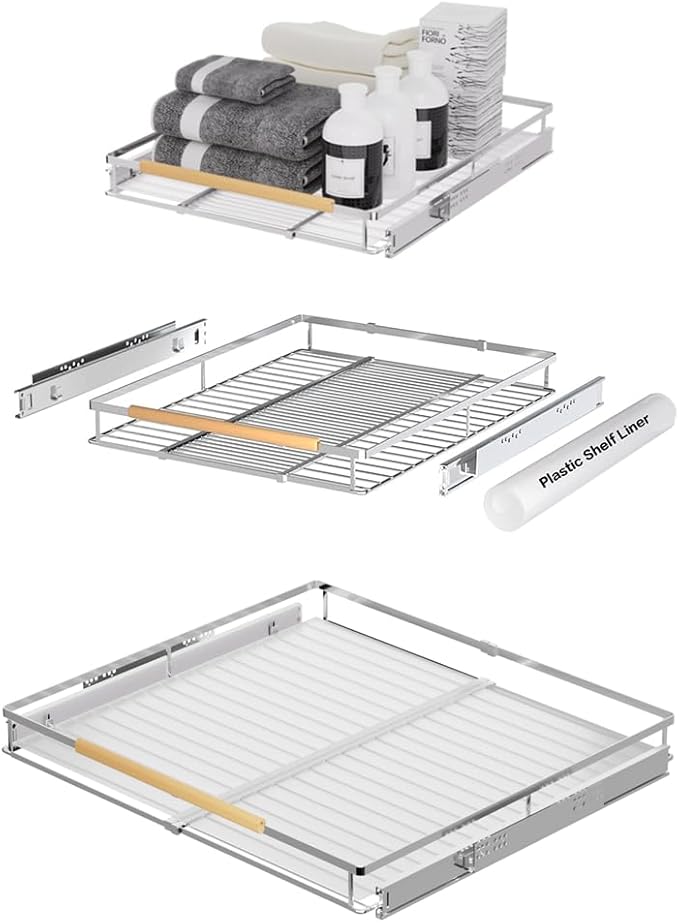 MIYUPTC Large Expandable Pull Out Cabinet Drawer, Heavy Duty Slide Out Basket Cabinet Organizer for Kitchen, Under Sink, Bathroom, Wardrobe, 17''-28''W(3 Pack)