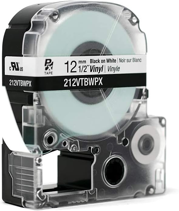 LABELWORKS 212VTBWPX Tape Cartridge - Black on White Flexible and Durable Vinyl Industrial Label Maker Tape - 1/2" (12MM) Wide, 22.9 ft