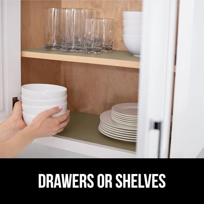 GORILLA GRIP DripGuard Shelf Liner, Non Adhesive Drawer and Kitchen Cabinet Protector, 20x240 Inch, Slip Resistant BPA Free Smooth Surface Plastic Liners for Cabinets, Bathrooms, Closets, Beige