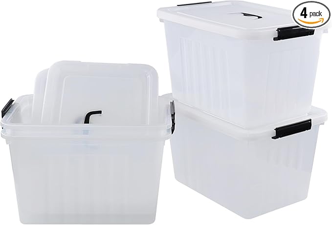 Wekioger 22 Quart Plastic Container Box with Lid, Set of 4 Latching Storage Bin with Handle, Clear