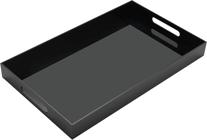 KEVJES Glossy Black Acrylic Serving Tray with Handles-Butler Trays for Coffee Table, Snacks,Breakfast in Bed, Kitchen Countertop,Vanity,Makeup Organizer,Ottoman (Black, 12x20 Inches)