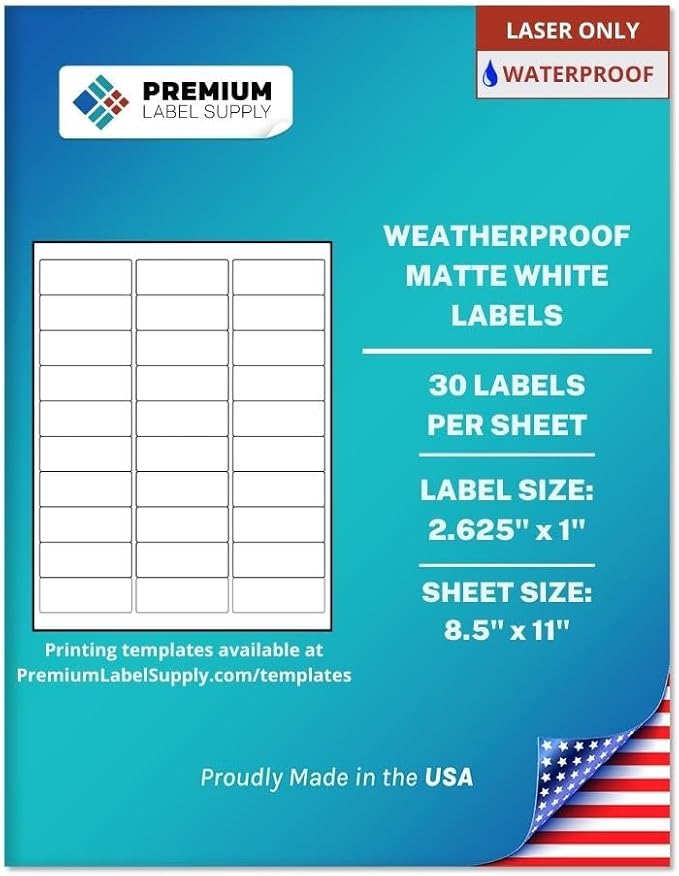 Premium Label Supply Waterproof White Address Sticker Labels – 2.625" x 1" – Laser Printers Only – (30 per Sheet), 25 Sheets - 750 Total Adhesive Labels