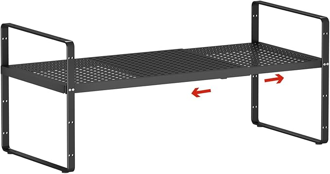 jkxoo Expandable Cabinet Countertop Shelves 16.5-27’’L, Adjustable Metal Spice Rack Organizer, Stackable Kitchen Counter Storage Shelves Organizers for Cabinet Organization, Black