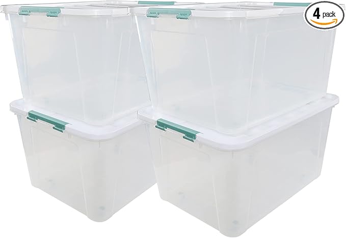 85 QT Plastic Storage Bins with Latching Lids Stackable Storage Containers for Organizing Holiday Decorations, Large Clear Storage Box for Garage, Closet, Kitchen, 4 Packs