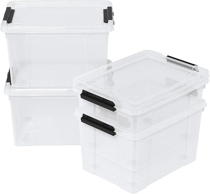 Morcte 4-Pack Clear Plastic Storage Box with Lid and Wheel, 50 L Large Plastic Storage Boxes