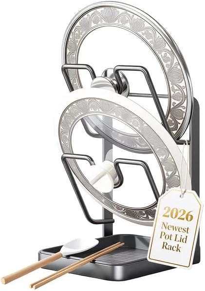 IENG Pot Lid Organizer Holder Kitchen Storage Rack While Cooking Inside Cabinet Pan Cover Countertop with Double U-Shaped Slots over the Stove Spoon and Rest for Cutting Board Stand Drip Tray