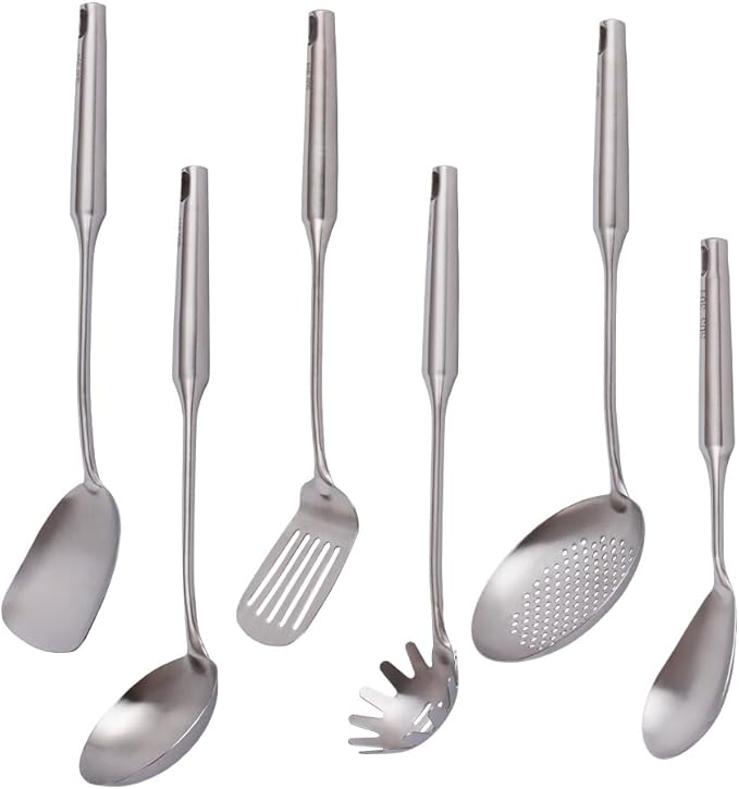 304 Stainless Steel Kitchen Utensils Set, VALESKA 6 PCS Metal Cooking Utensils Set, metal spoon,Wok Spatula, Ladle, Skimmer Slotted Spoon,Serving Large Spoon, Slotted Spatula Tunner