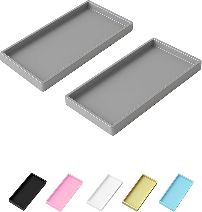 Mriluvy Vanity and Bathroom Tray, 7.7" ABS Countertop Organizer,Waterproof Vanity Tray for Toilet Tank,Perfume,Soap,Keys,Bathroom Accessories,Kitchen and Bath Trays,Non Slip Small Trays,Gray,2 Pack