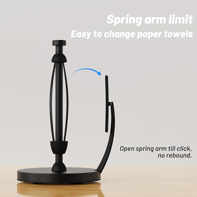VEHHE Paper Towel Holder Countertop, Black Paper Towel Holder with Spring Activated Arm and Damping Effect, Simply Tear Paper Towel Stand for Bathroom and Kitchen (Black)