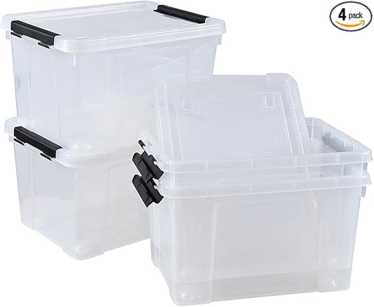 Morcte 23 L Plastic Clear Storage Bin with Lids and Latching Buckles, 4-Pack Stackable Clear Storage Box with Wheels