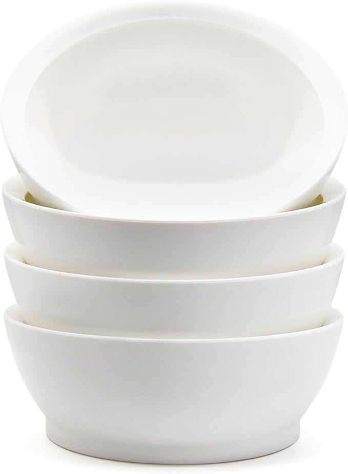 CaliBowl Large Non-Spill Plastic Bowl Set - 28oz Reusable Kitchen Bowls with Concave Inner Lip and Non-Slip Base - For Cereal, Soups, Mixing and Serving - Set of 4 - Foamy White