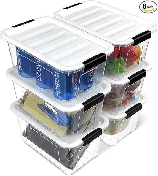 Plastic Storage Bins with Lids 6 Pack, 7 Quart Storage Containers with Black Buckle Latch, Stackable Storage Containers for Home Pantry Office Classroom Organization,