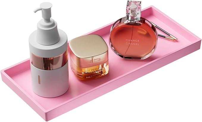 Mriluvy Vanity and Bathroom Tray, 11.8" ABS Countertop Organizer,Waterproof Vanity Tray for Toilet Tank,Perfume,Soap,Keys,Bathroom Accessories,Kitchen and Bath Trays,Non Slip Small Trays,Pink