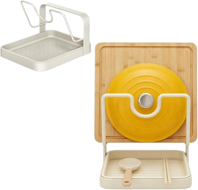 Kitchen Pot Lid Storage Rack, 2026 Upgrade Multifunctional Pot Lid Organizer Rack, Lid Holder While Cooking Lid And Spoon Rest Thickened Carbon Steel Material (Beige Single-layer)