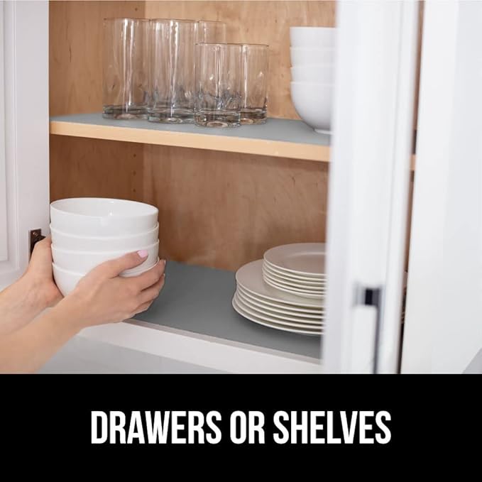 GORILLA GRIP Slip Resistant Drawer and Shelf Liner 2 Pack, Non Adhesive Water Resistant, Easy Clean and Trim, Smooth Surface Liners for Kitchen Cabinet Shelves Drawers Pantry 20 IN x 20 FT, Light Gray