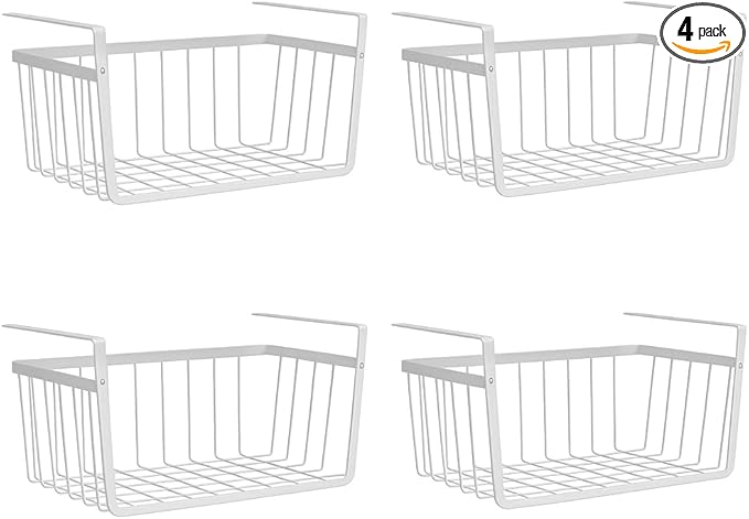 Modern Home Under Shelf Wire Storage Baskets – Hanging Organizer Rack for Cabinet, Pantry, or Closet – White Metal Basket for Kitchen, Towels, or Office – No Tools Required (Set of 4 10.25")