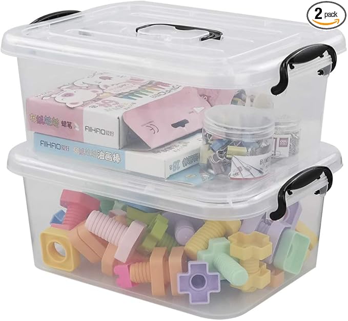 8 L Plastic Storage Boxes, Clear Storage Bin with Black Handle, 2-Pack