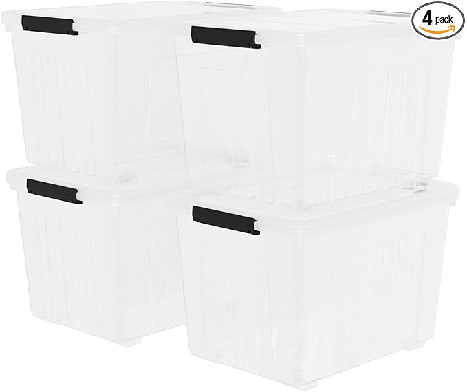 70 Quart Large Clear Storage Bin, Plastic Storage Box on Wheels, 4 Packs