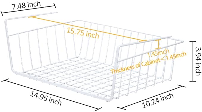 4 Pack Under Shelf Basket, Dveda Durable Metal Wire Rack Hanging Shelf Storage Basket, Under Cabinet Organizer Shelf for Kitchen/Pantry/Bathroom/Desk - Slide Arms Height:1.45 in(White)