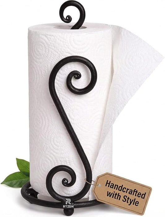 RTZEN Matte Black Paper Towel Holder Countertop - Decorative Farmhouse Paper Towel Roll Holder - Rustic Metal Modern Stand for Kitchen or Bathroom (Swirl)