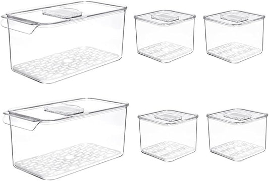 SANNO Produce Saver Containers for Refrigerator - Stackable Kitchen Organizer Keeper Bin, with Removable Drain Tray, Set of 6
