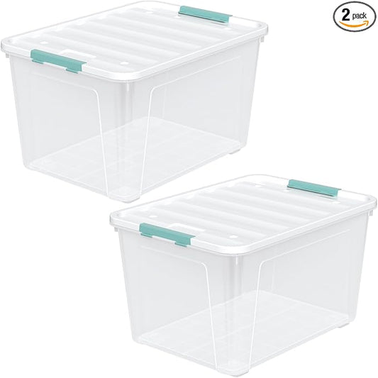 Zopnny Storage Box with Latch Lid, 2-Pack 85 Quart Storage Container, Stackable Durable Christmas Storage Organization Container Bin for Holiday Decorations and Accessories, Clear