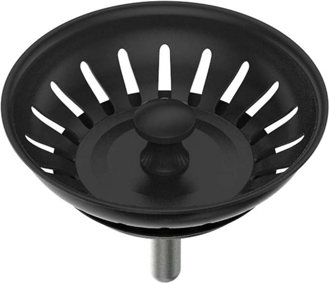 KANARY Kitchen Sink Basket Strainer Replacement for Standard Drains (3-1/2 Inch) Stainless Steel Body with Rubber Stopper (Single, Matte Black)