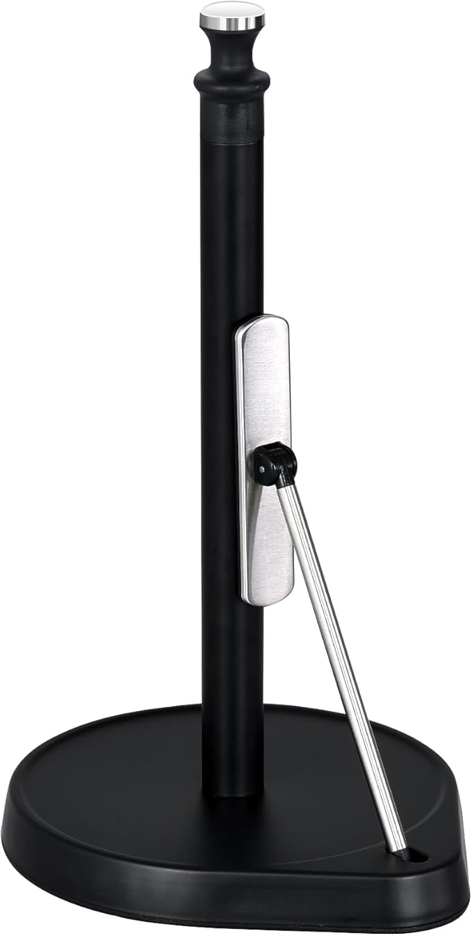 Dailyart Paper Towel Holder with One Hand Tear, Tension Arm & Non-Slip Weighted Base - Stainless Steel Kitchen Counter Stand for Paper Roll, Silver