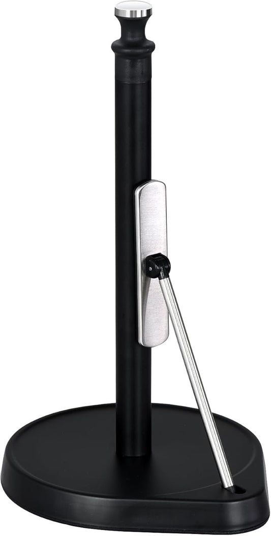Dailyart Paper Towel Holder with One Hand Tear, Tension Arm & Non-Slip Weighted Base - Stainless Steel Kitchen Counter Stand for Paper Roll, Silver