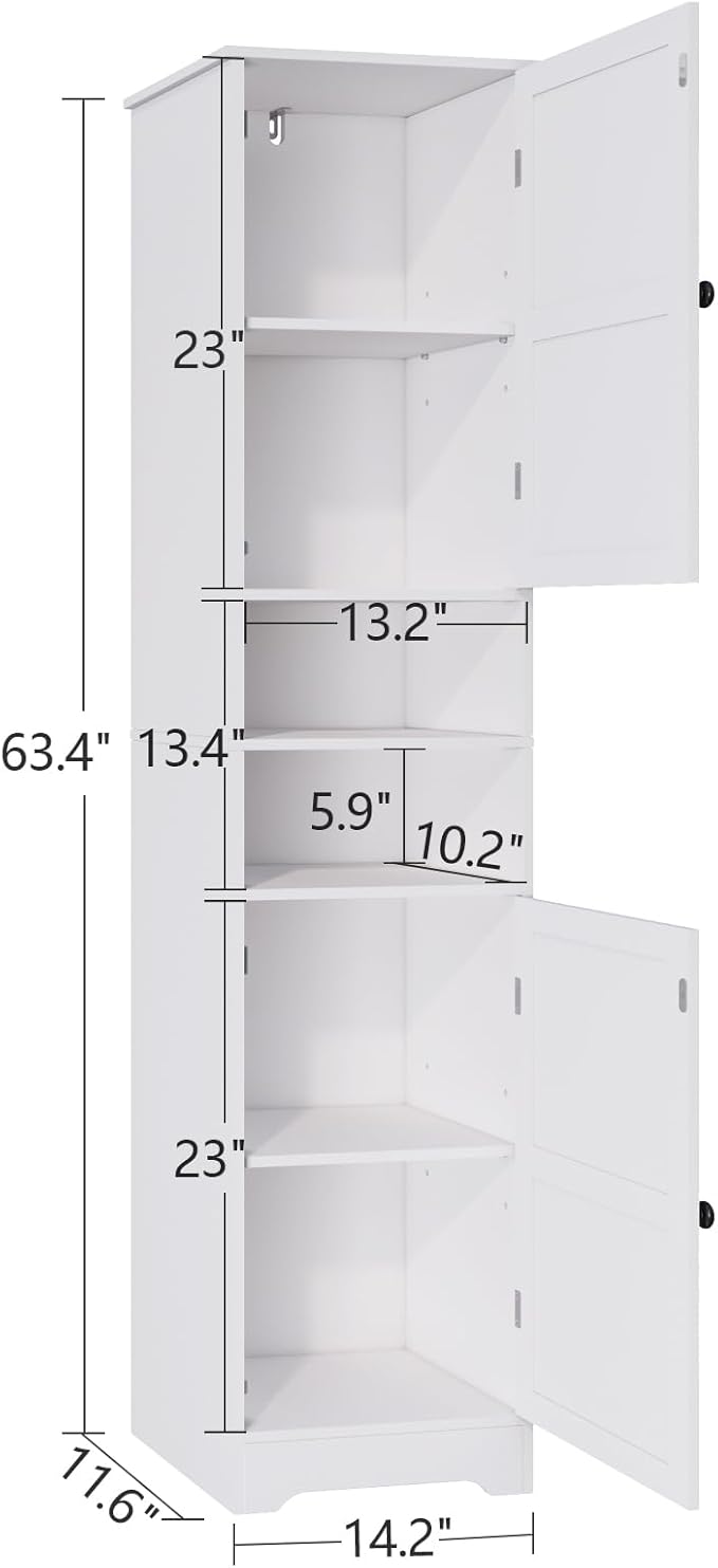 Viaozutis Tall Bathroom Storage Cabinet, Vertical Freestanding Organizer with Adjustable Shelf, Slim Design for Small Bathrooms, Towels & Toiletries Storage（White）