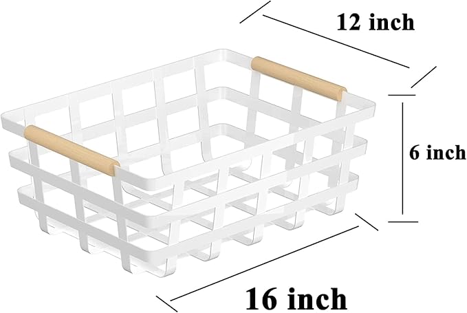 Large Metal Pantry Storage Baskets,4 Packs Farmhouse Baskets,Food Organizer Storage Bin Basket with Wood Handles for Kitchen Cabinets Shelf Pantry,White